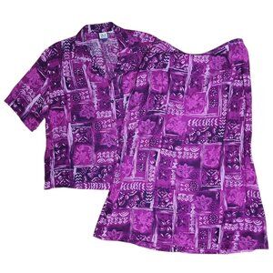 JM COLLECTION Purple Floral 2‎ Piece Outit Set Shirt Skirt Womens Size L Large